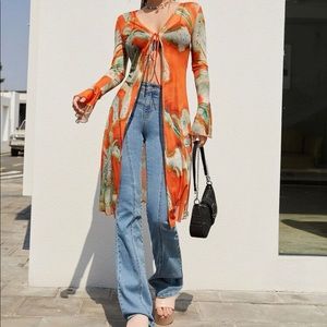 Sheer Long Tie Front Bell Sleeve Top